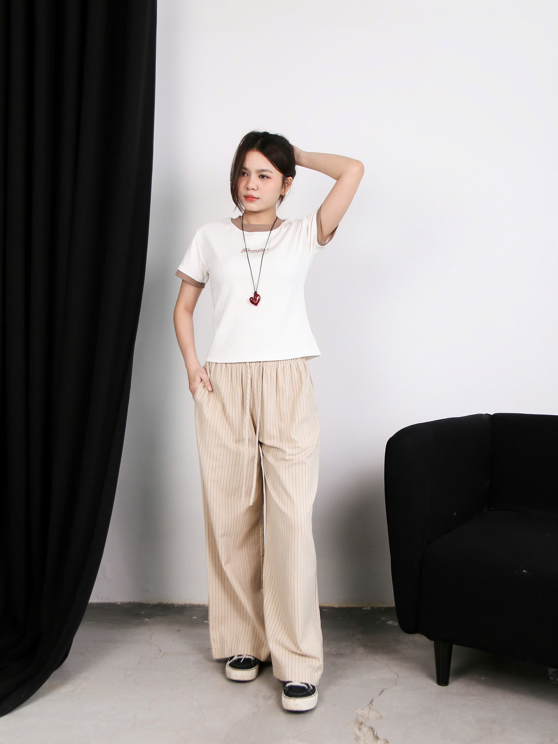 Q8510 - Q dài sọc cột nơ 2 bên túi phối ren