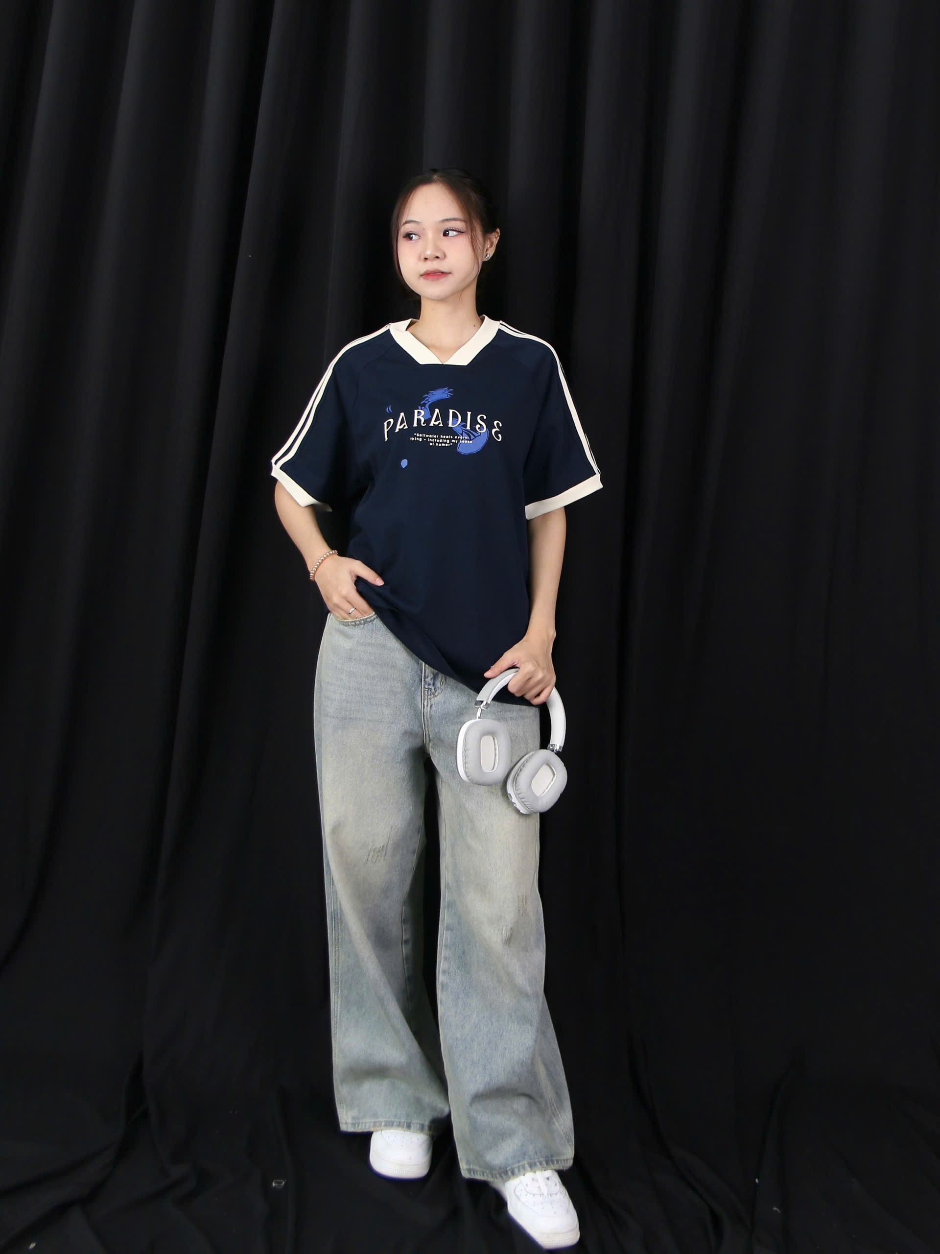 A28113 - A thun cổ tim tay phối viền in para