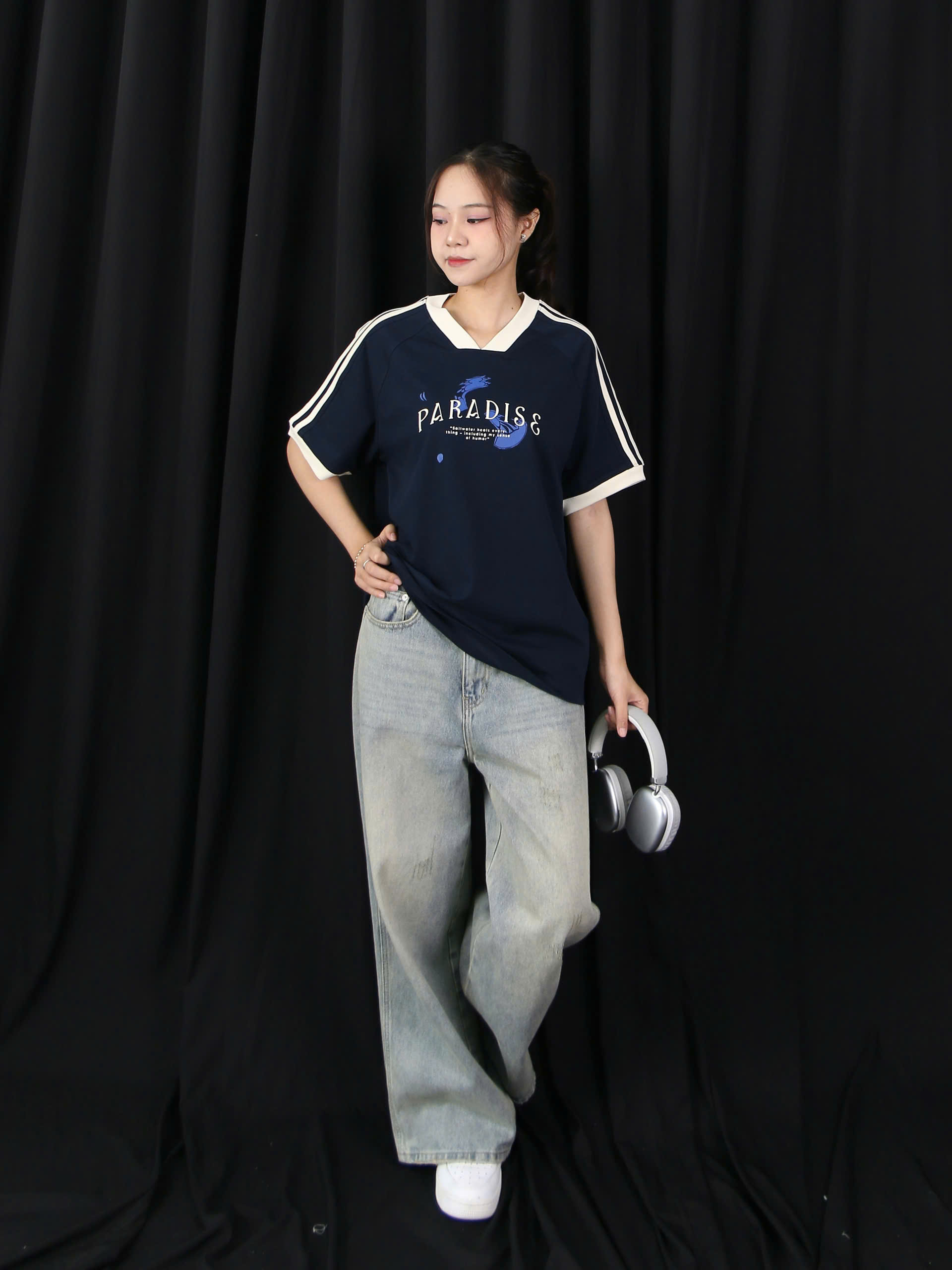 A28113 - A thun cổ tim tay phối viền in para