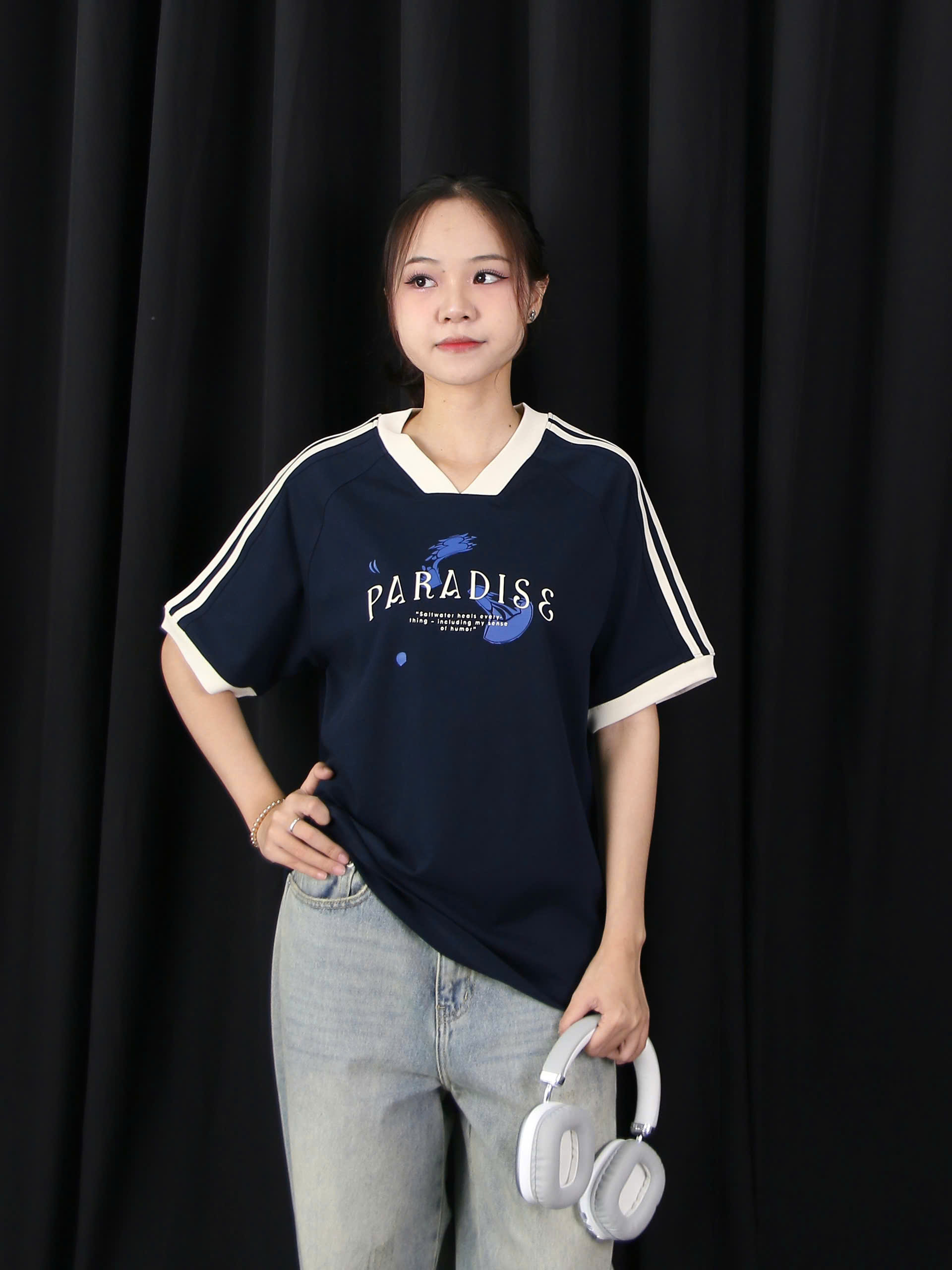 A28113 - A thun cổ tim tay phối viền in para