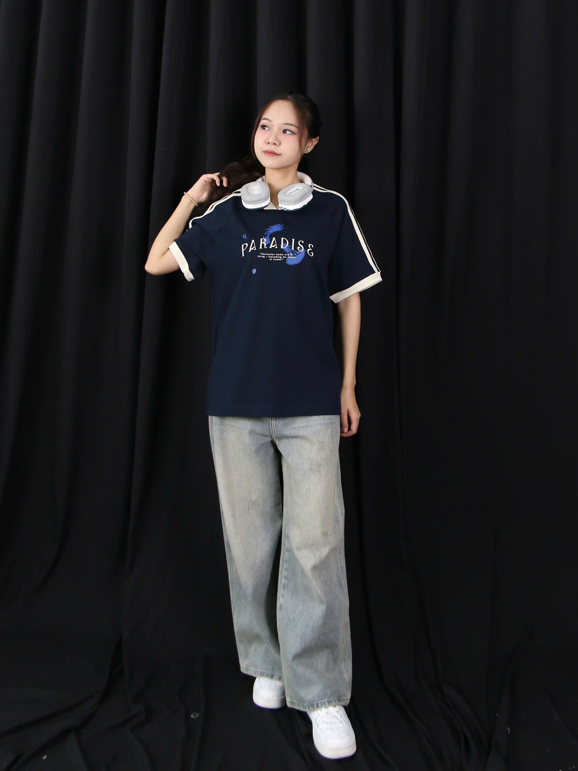 A28113 - A thun cổ tim tay phối viền in para