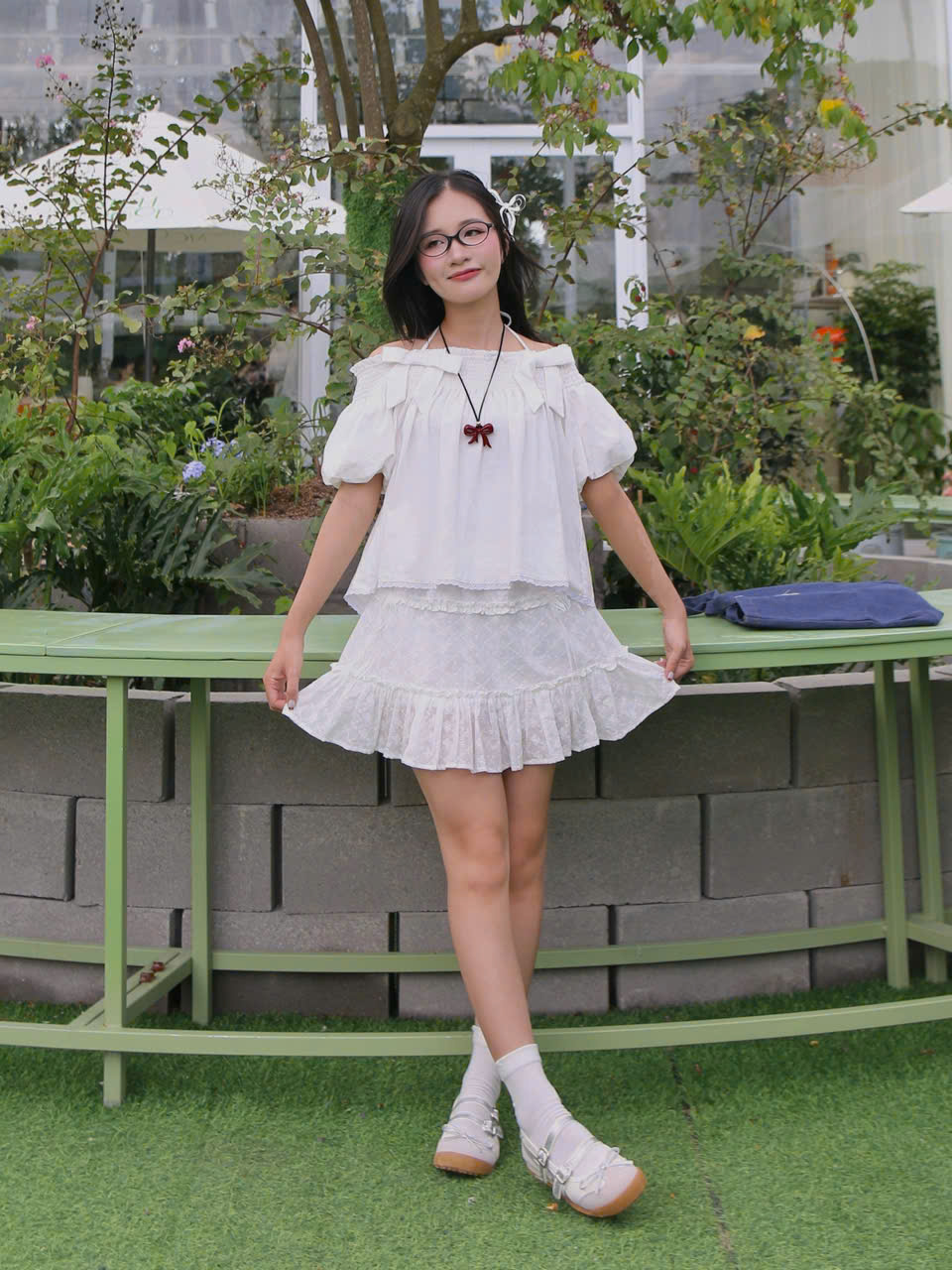 A27857 - A kiểu bẹt vai smocking 2 nơ