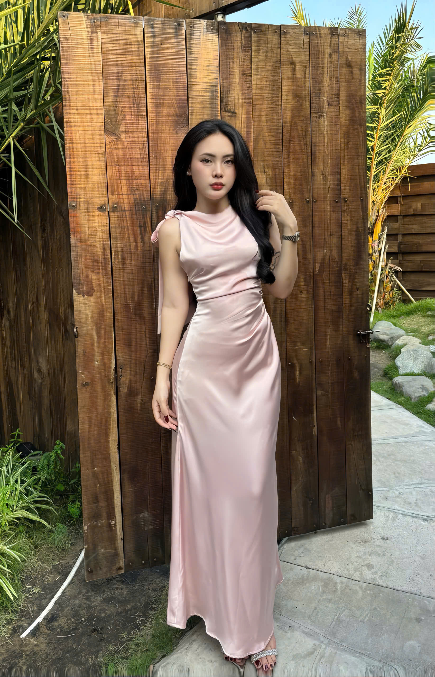 D6256- D lụa nhún eo cột nơ