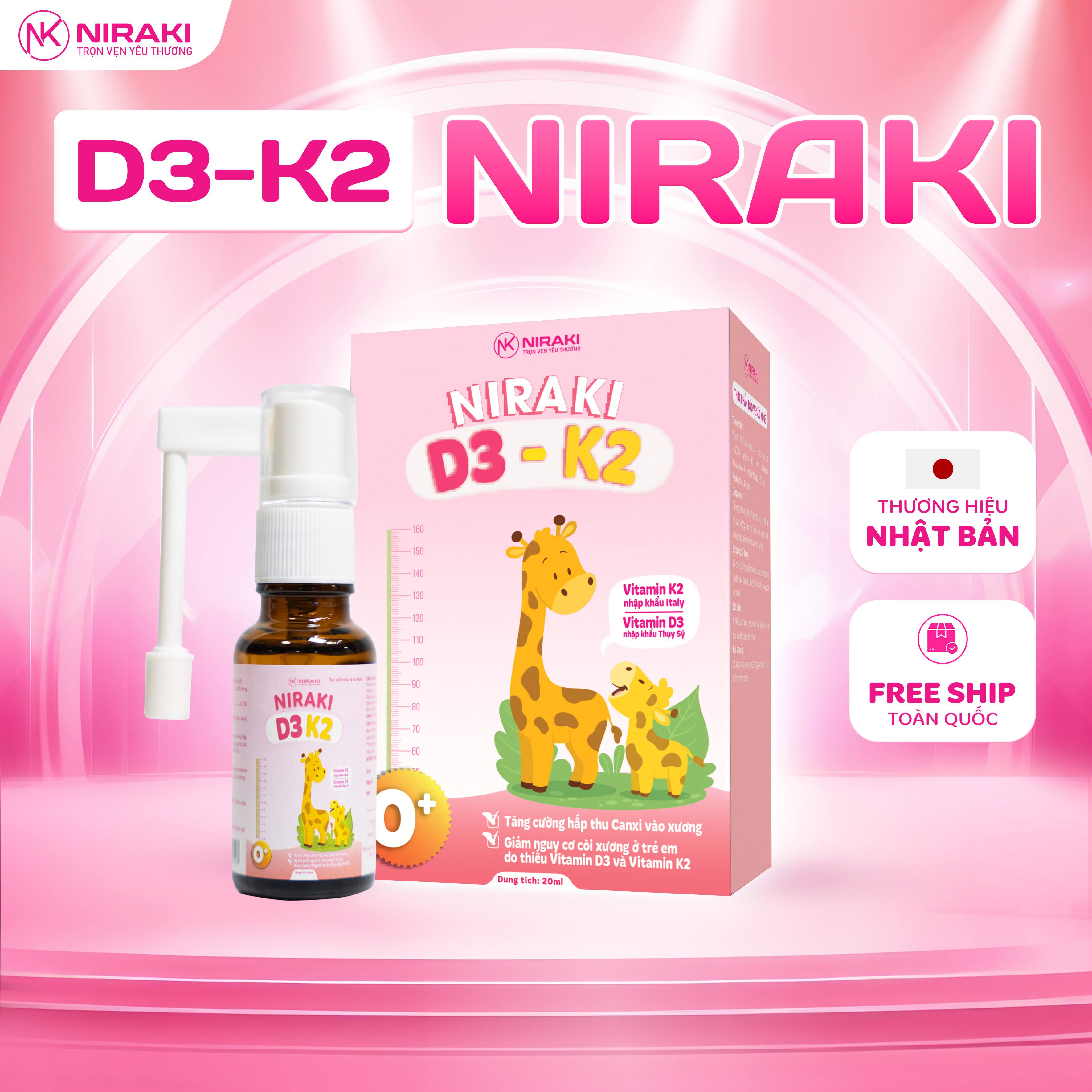 Vitamin D3 K2 Niraki Dạng Xịt Dễ Dùng, Giúp Bé Tăng Chiều Cao, Xương Chắc Khỏe Lọ 20ml