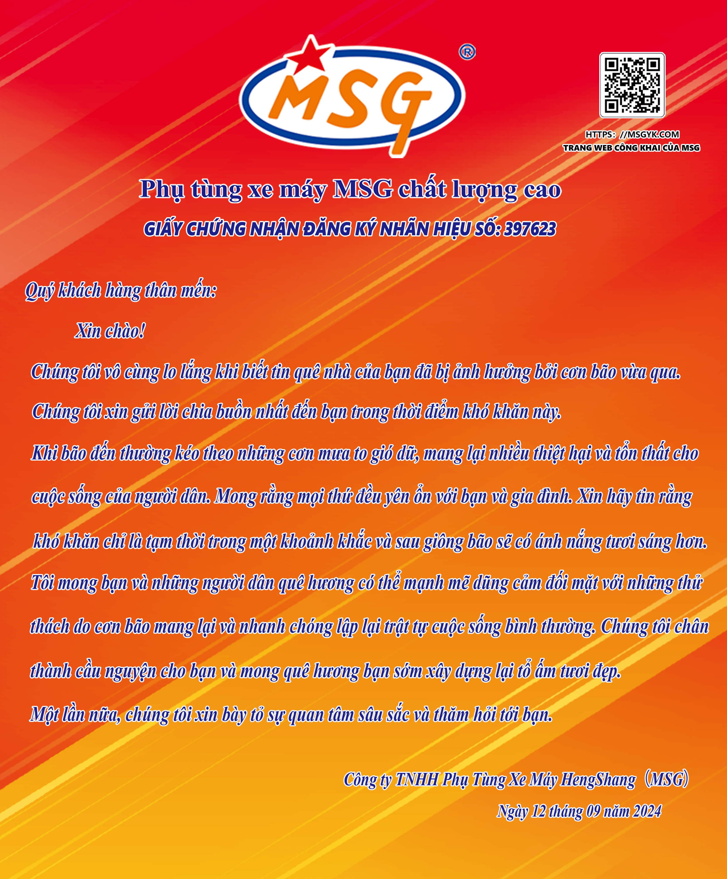 PHỤ TÙNG XE MÁY MSG GỬI LỜI HỎI THĂM VÀ QUAN TÂM SÂU SẮC ĐẾN CÁC VÙNG BỊ LŨ LỤT VÀ ẢNH HƯỞNG BỞI BÃO YAGI