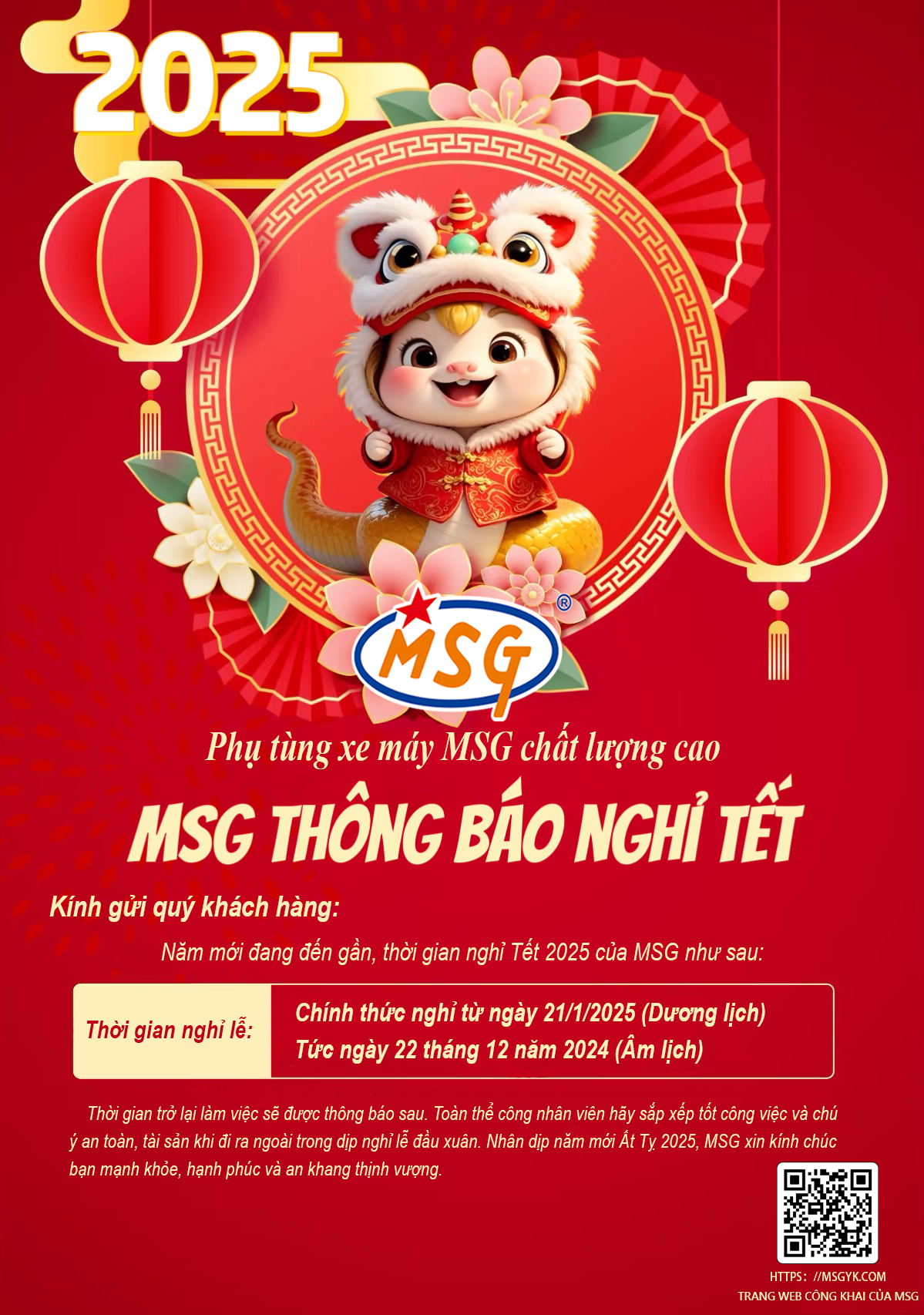 MSG THÔNG BÁO THỜI GIAN NGHỈ VÀ ĐI LÀM TRỞ LẠI SAU TẾT ẤT TỴ 2025