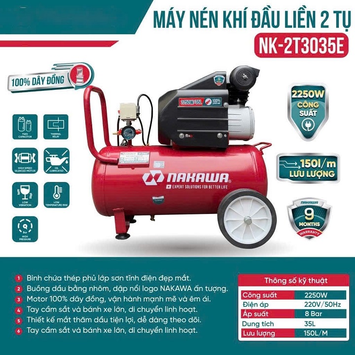 Máy Nén Khí Đầu Liền 2 Tụ Nakawa 3HP NK-2T3035E 35L