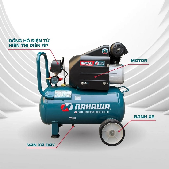 Máy Nén Khí Đầu Liền 2 Tụ Nakawa 2.5HP NK-2T2530PRO 30L