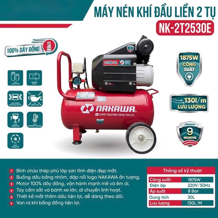 Máy Nén Khí Đầu Liền 2 Tụ Nakawa 2.5HP NK-2T2530E 30L