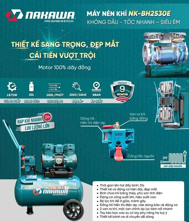 Máy Nén Khí Không Dầu Nakawa 1875W 30L NK-BH2530E