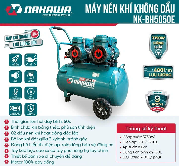 Máy Nén Khí Không Dầu Nakawa 3750W 50L NK-BH5050E