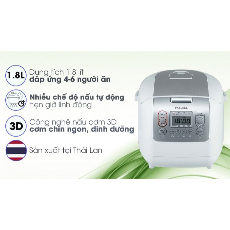Nồi cơm điện tử Toshiba 1.8 lít RC-18NMFVN(WT), hàng mới 100%, chính hãng