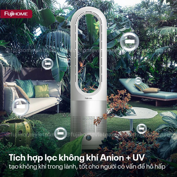 Quạt không cánh Mini, lọc không khí khử khuẩn Anion + UV kết nối WIFI Fujihome BF18