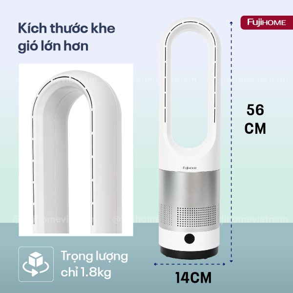 Quạt không cánh Mini, lọc không khí khử khuẩn Anion + UV kết nối WIFI Fujihome BF18