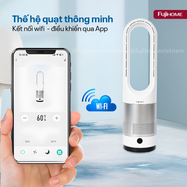 Quạt không cánh Mini, lọc không khí khử khuẩn Anion + UV kết nối WIFI Fujihome BF18