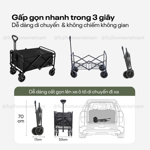 Xe kéo dã ngoại gấp gọn du lịch, cắm trại Fujihome CT-100 (Black)