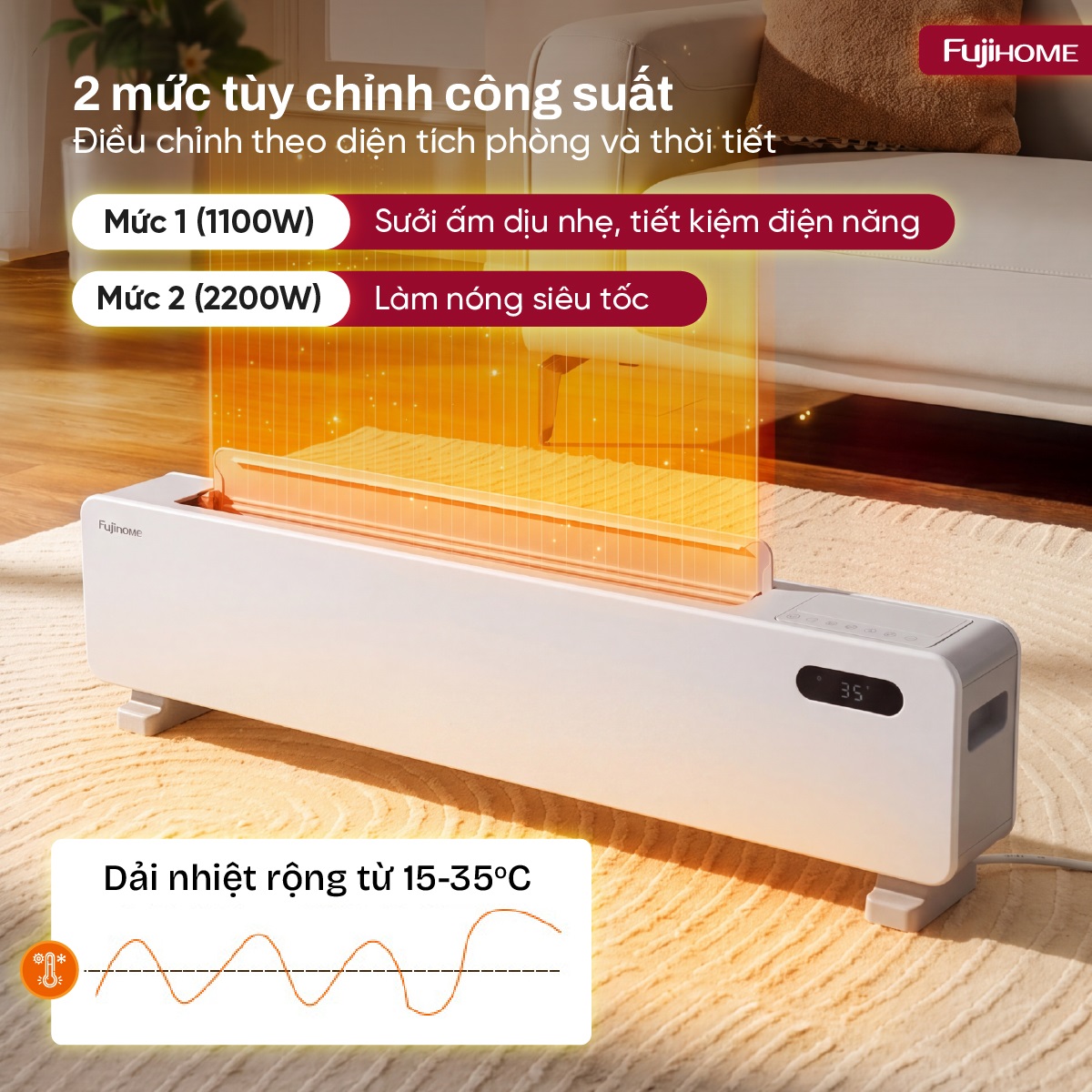 Máy sưởi để sàn (máy sưởi chân tường) thông minh Fujihome SH998E