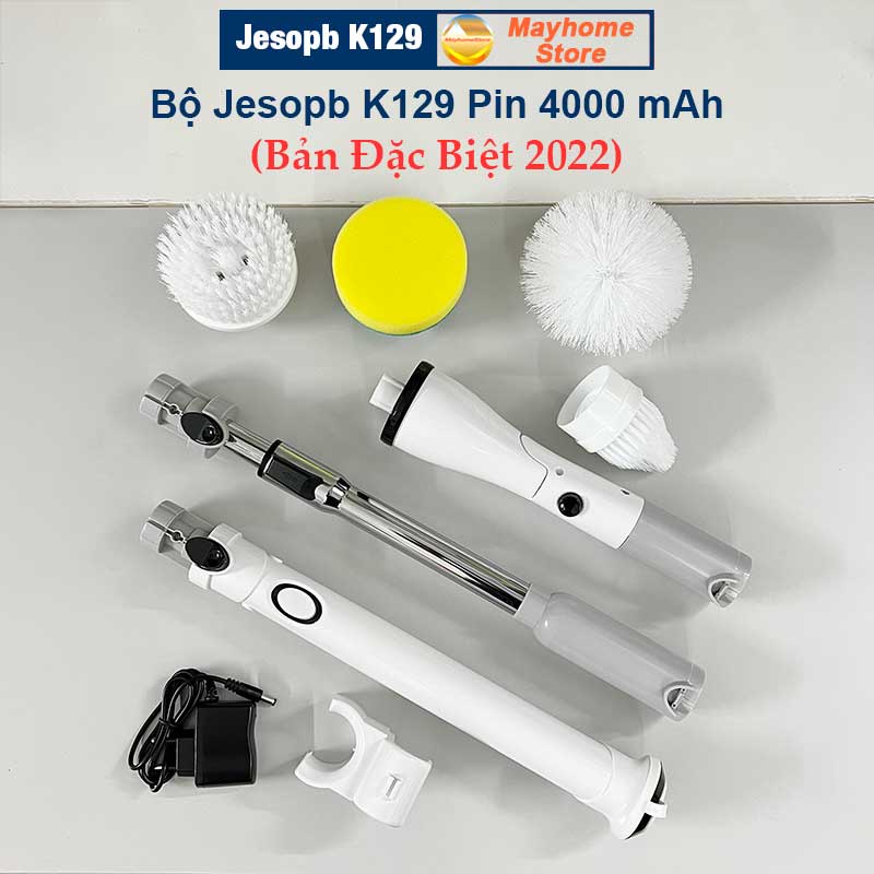Máy cọ máy chà bàn chải làm sạch vệ sinh nhà tắm không dây Jesopb K129 Pin 4000 mAh màu trắng xám với 4 đầu cọ thay thế