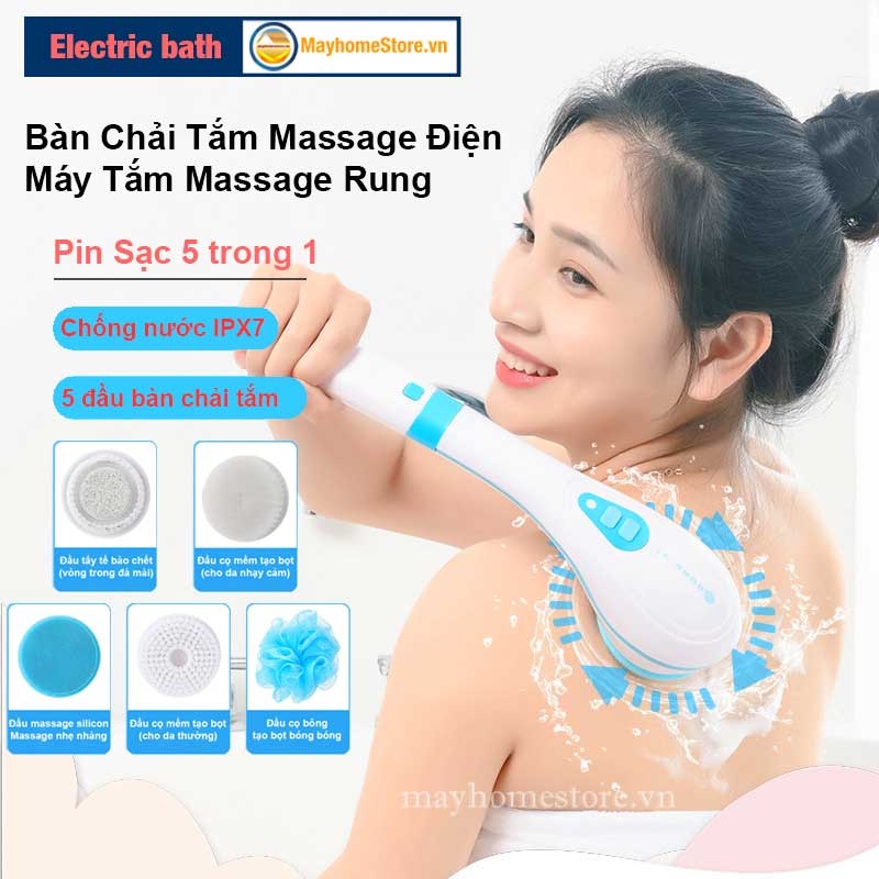 Bàn Chải Tắm Điện Chống Nước Cầm Tay Sạc Pin Với 5 Đầu Làm Sạch Da, Tẩy Tế Bào Chết, Mềm Mại Với Da, Massage Nhẹ Nhàng