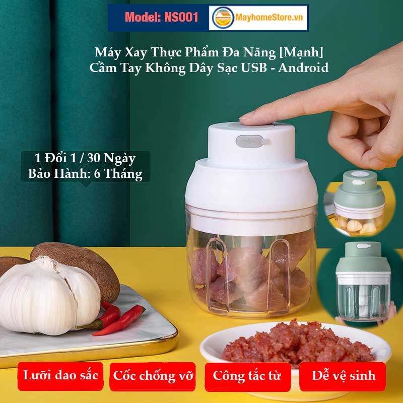 Máy Xay Thực Phẩm [Mạnh] Đa Chức Năng Cầm Tay Không Dây Sạc USB An Toàn xay thịt, tỏi, xay củ quả dung tích 100 & 250 ml