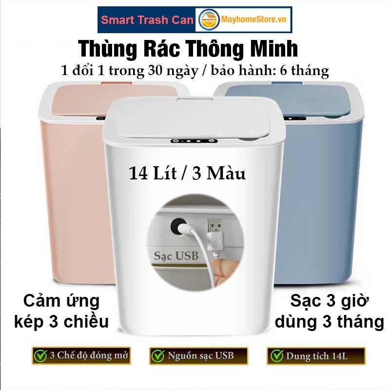 Thùng Rác Cảm Ứng Tự Động Thông Minh Pin Sạc Cổng USB Bản Nâng Cấp 2022 Cảm Ứng Kép 3 Chiều Dung tích 14L Chống Nước Tốt