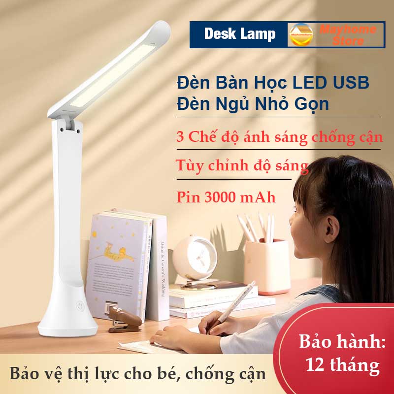 Đèn Bàn Học LED USB Chống Cận, 03 Chế Độ Ánh Sáng Vàng, Trắng , Pin Tích Điện 3000 mAh Di Động, Gập Tùy Chỉnh Nhỏ Gọn