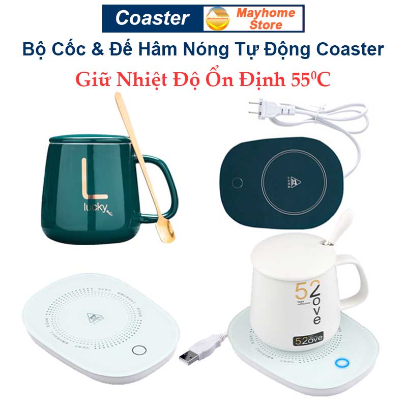 Bộ Đế Hâm Nóng Coaster & Cốc Thìa Giữ Thiệt Độ Ổn Định 55ºC, Làm Nóng Sữa, Trà, Cà Phê,  Nước ..., Làm Ấm Mọi Chất Liệu