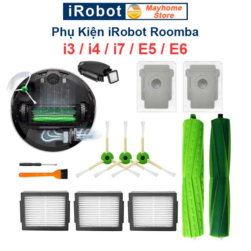 Phụ kiện Robot Hút Bụi iRobot Roomba i3, i4, i7, E5, E6. Đôi chổi lăn, bộ lọc hepa, chổi cạnh, túi đựng bụi robot Roomba