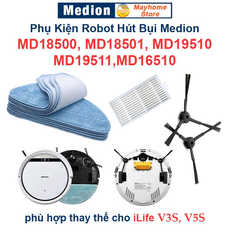Phụ kiện robot hút bụi Medion MD18500, MD18501, MD19510, MD19511,MD16510 / iLife V3S, V5S. Khăn Lau, Lọc Bụi, Chổi Cạnh/