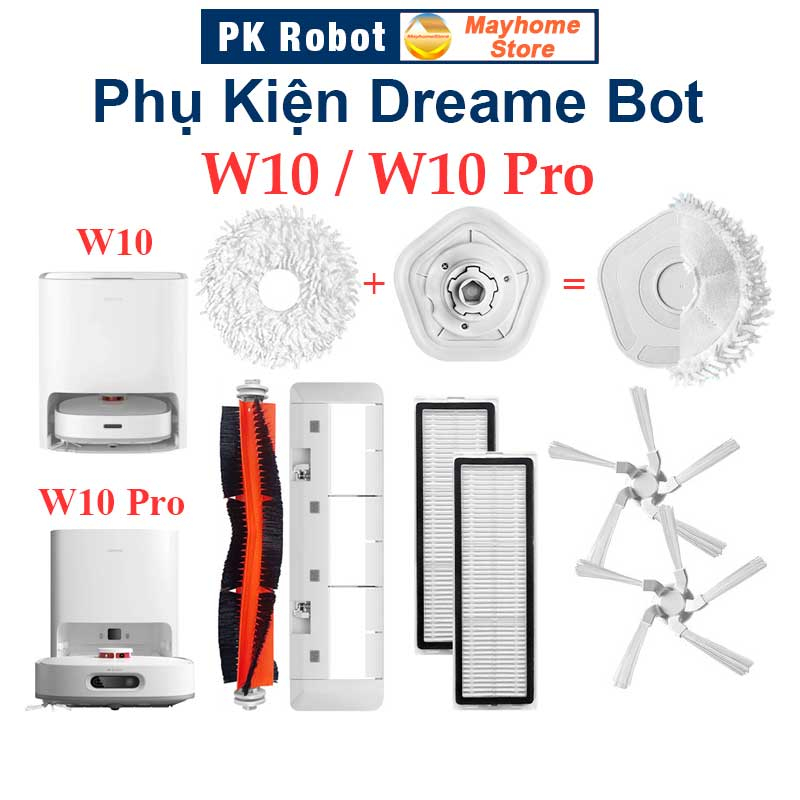 Phụ kiện Robot Xiaomi Dreame W10 & W10 Pro, Chổi lăn chính, chổi cạnh, bộ lọc hepa, giẻ lau, đế gắn khăn rời///
