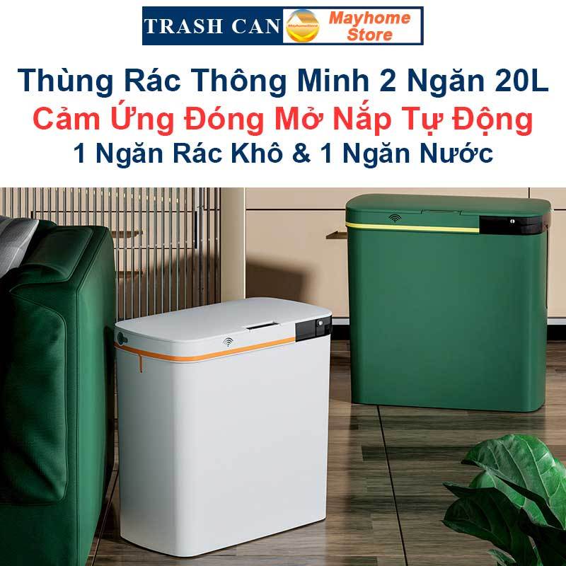 Thùng Rác Cảm Ứng Thông Minh 2 Ngăn 20L Tách Rác Khô & Ướt Sử Dụng Cho Phòng Khách và Gian Bếp Với 2 Màu Xanh và Trắng