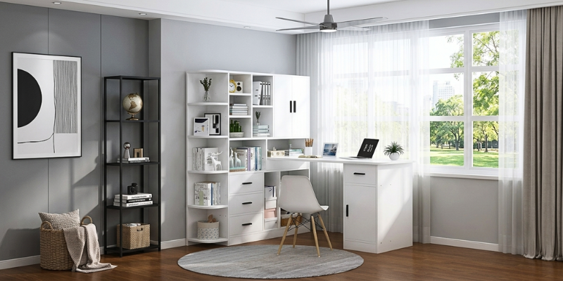 Mẫu bàn học sinh có giá sách màu trắng, kiểu chữ L