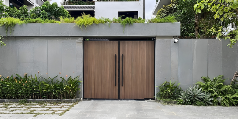 Mẫu cổng gỗ kết hợp khung kim loại đen cho nhà phố