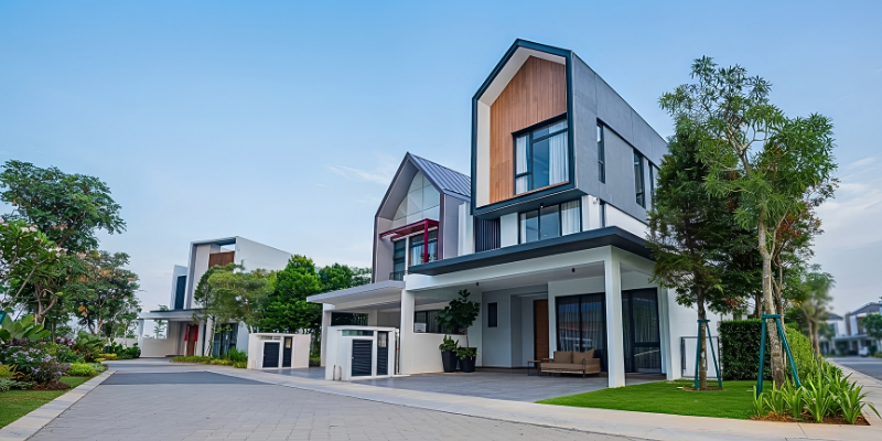 Nhà phố 2 tầng dùng màu xanh ghi làm nền cho mặt tiền nhà