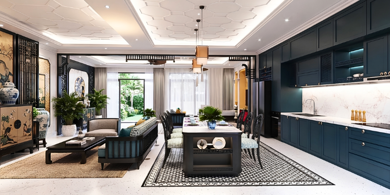 Nội thất phong cách Indochine sử dụng gỗ và mây tre