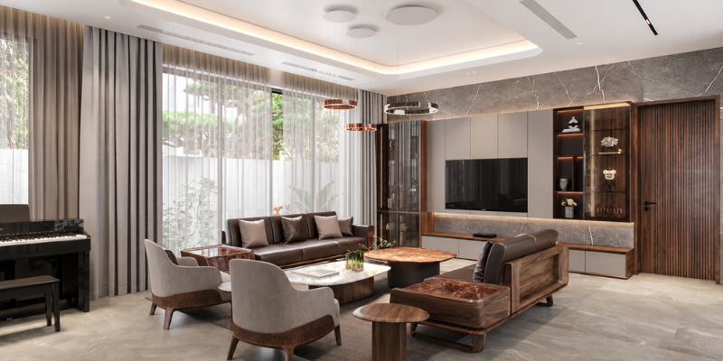 Phòng khách sử dụng chất liệu gỗ 