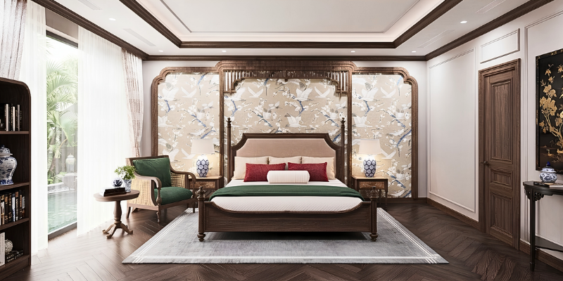 Phòng ngủ phong cách Indochine kết hợp nội thất gỗ