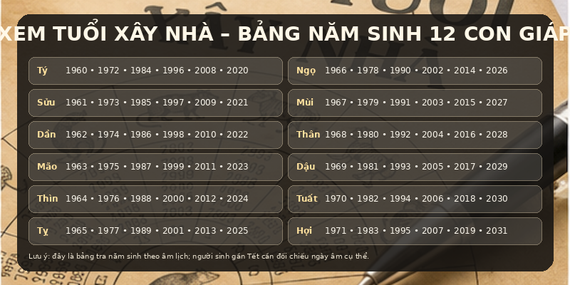 Bảng năm sinh tham khảo xây nhà theo tuổi