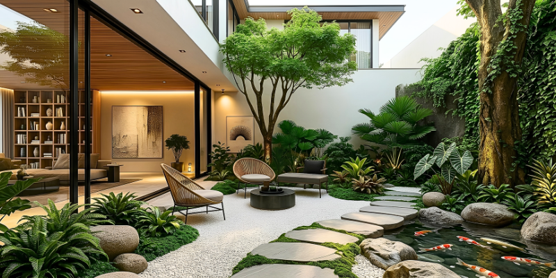 Tiểu cảnh sân vườn nhỏ sử dụng sỏi và cây tạo điểm nhấn 