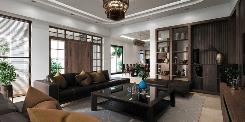Trần thách cao cho phòng khách đẹp kết hợp đèn chùm