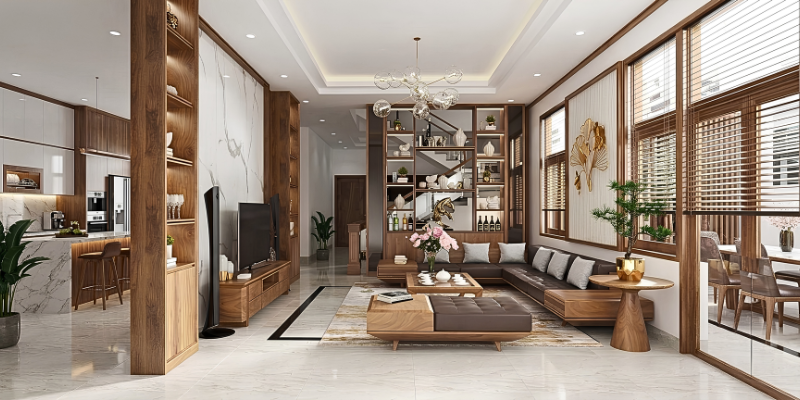 Vách ngăn phòng khách và bếp bằng gỗ với kệ mở đa năng