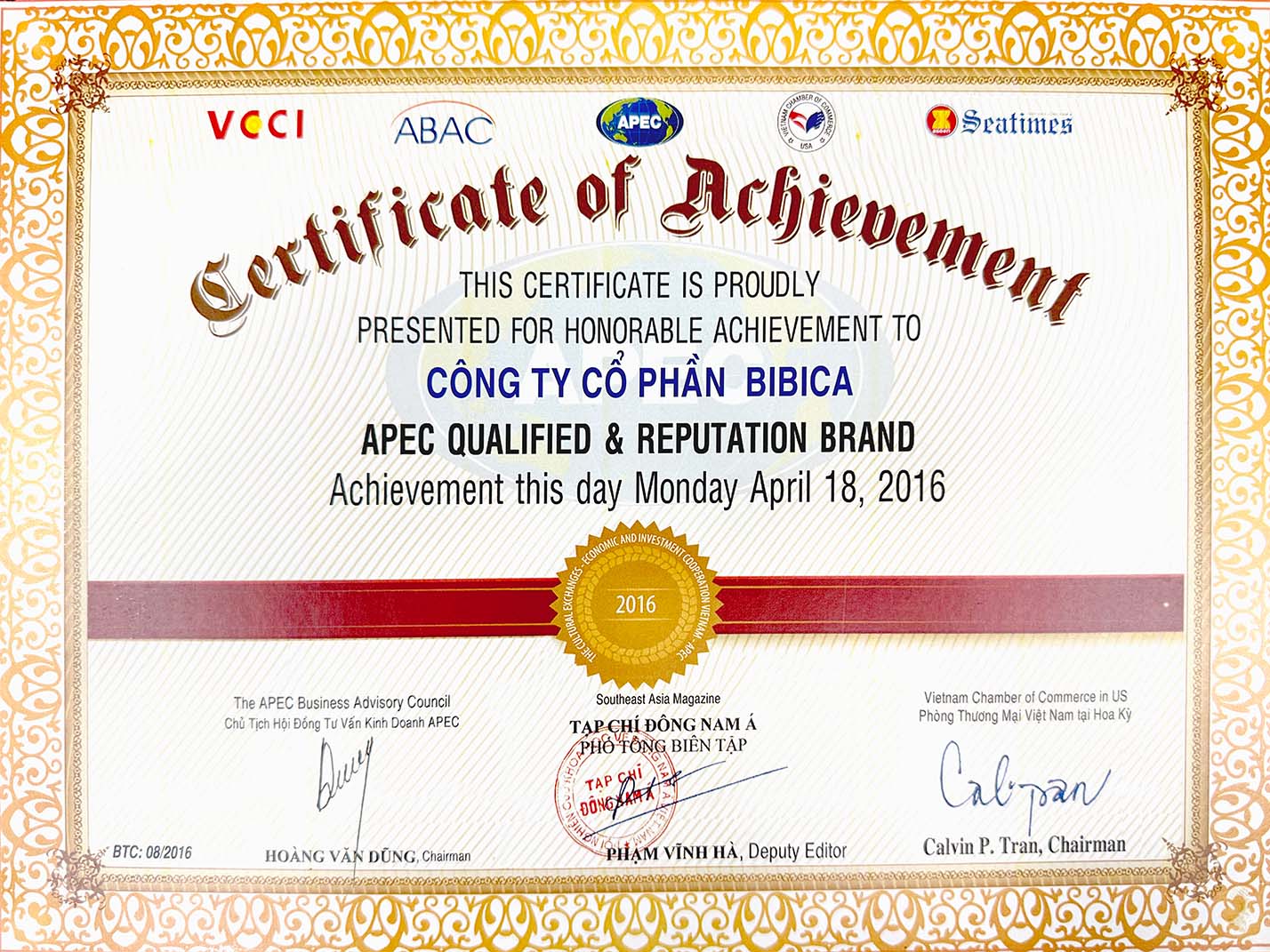Chứng nhận Thương hiệu Đạt chuẩn và Uy tín APEC Bibica