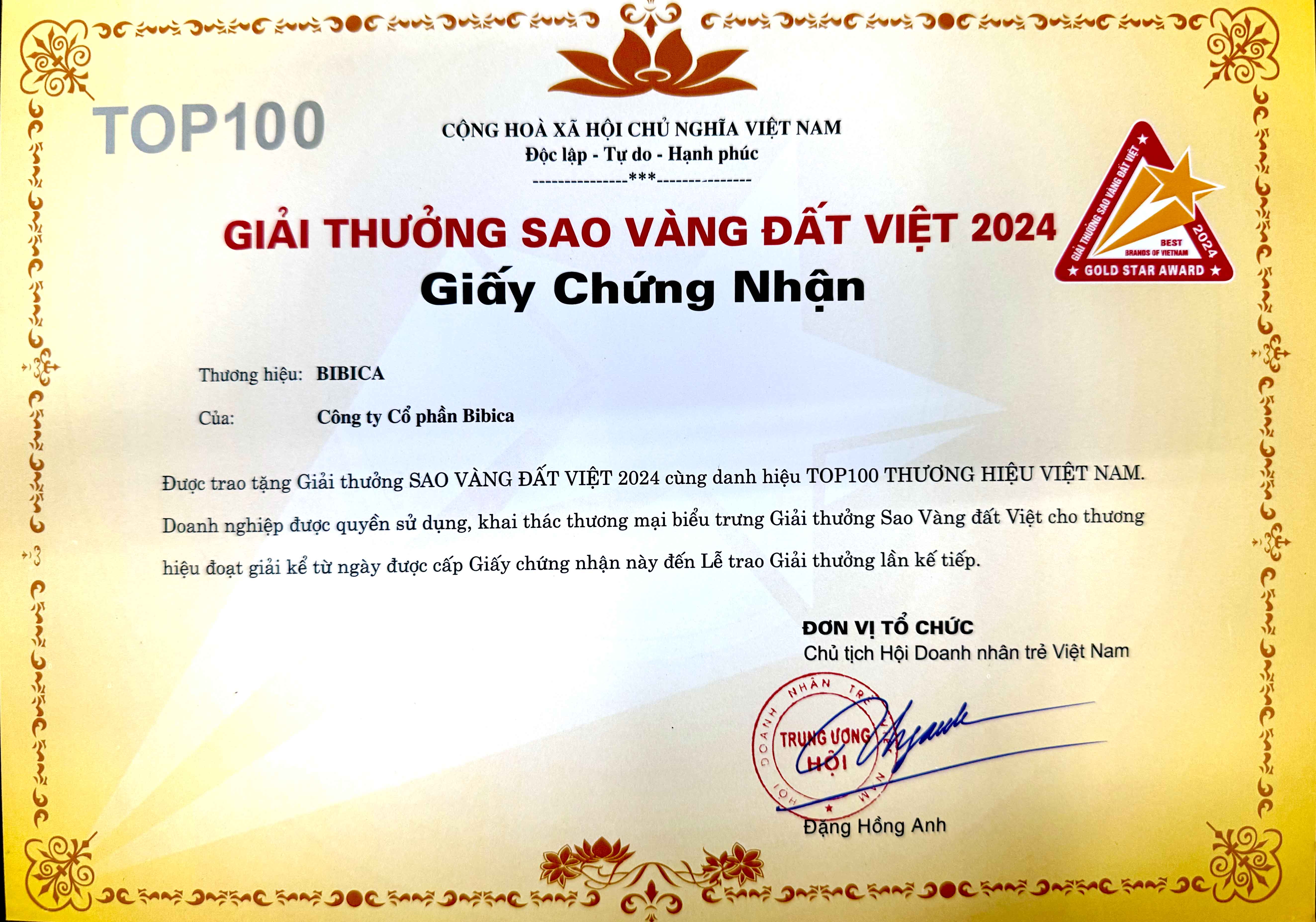 Giấy Chứng Nhận Top 100 thương hiệu Việt Nam Sao Vàng Đất Việt