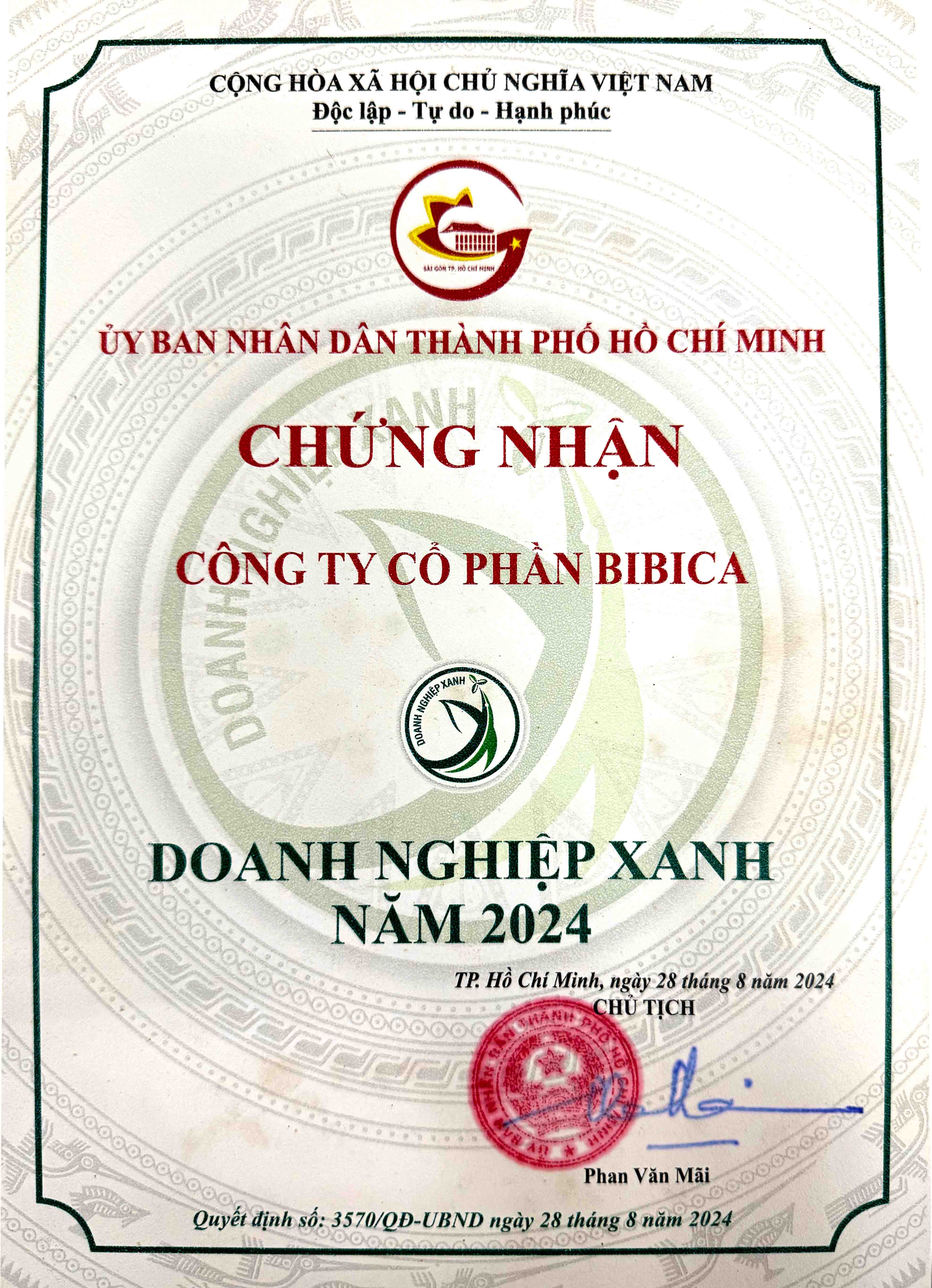 Bằng Khen Doanh nghiệp xanh