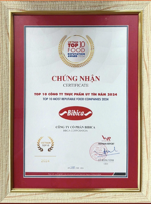 Bằng Top 10 Công ty Thực phẩm uy tín – Công ty Cổ phần Bibica