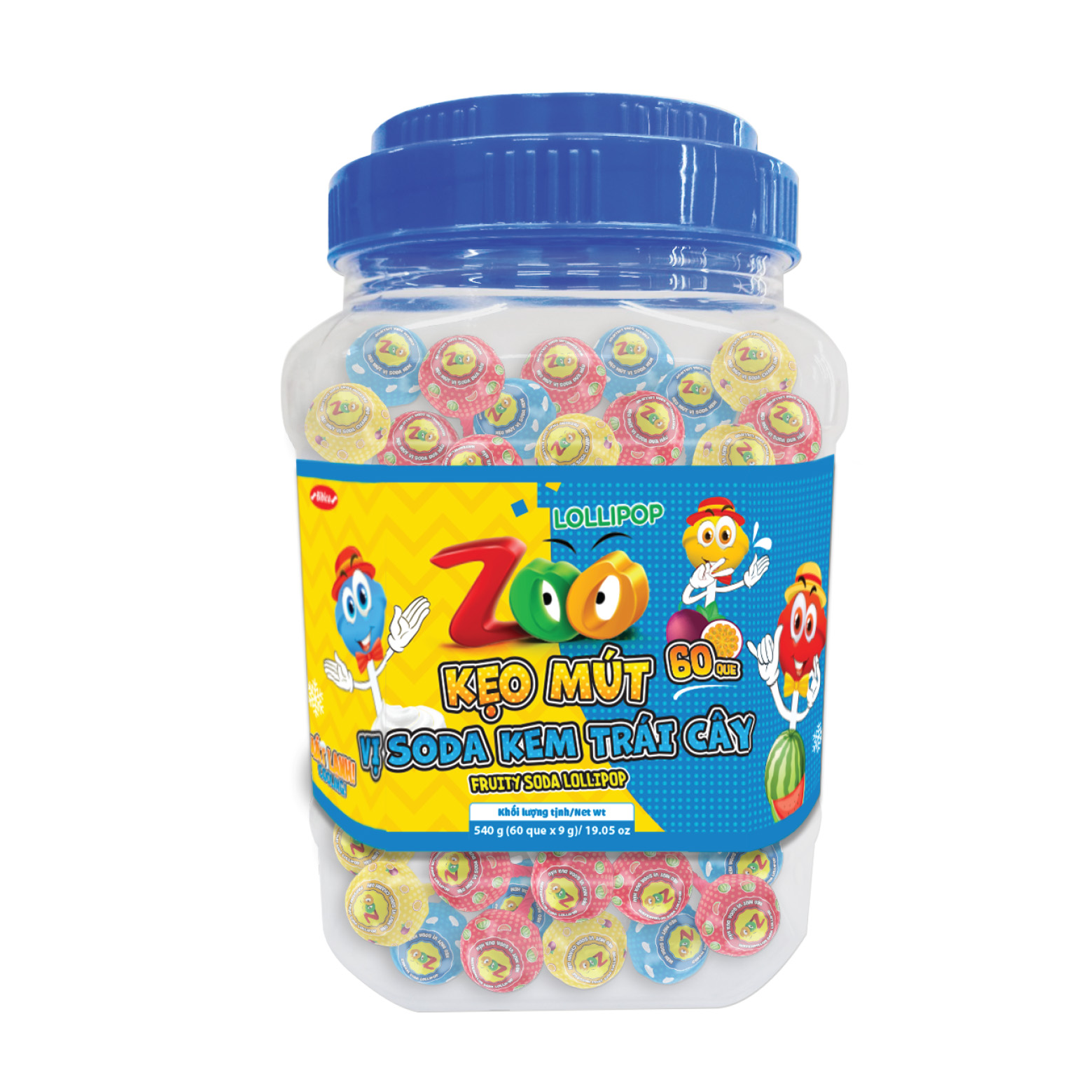 Kẹo mút Soda kem trái cây hũ 540g (6,48kg)
