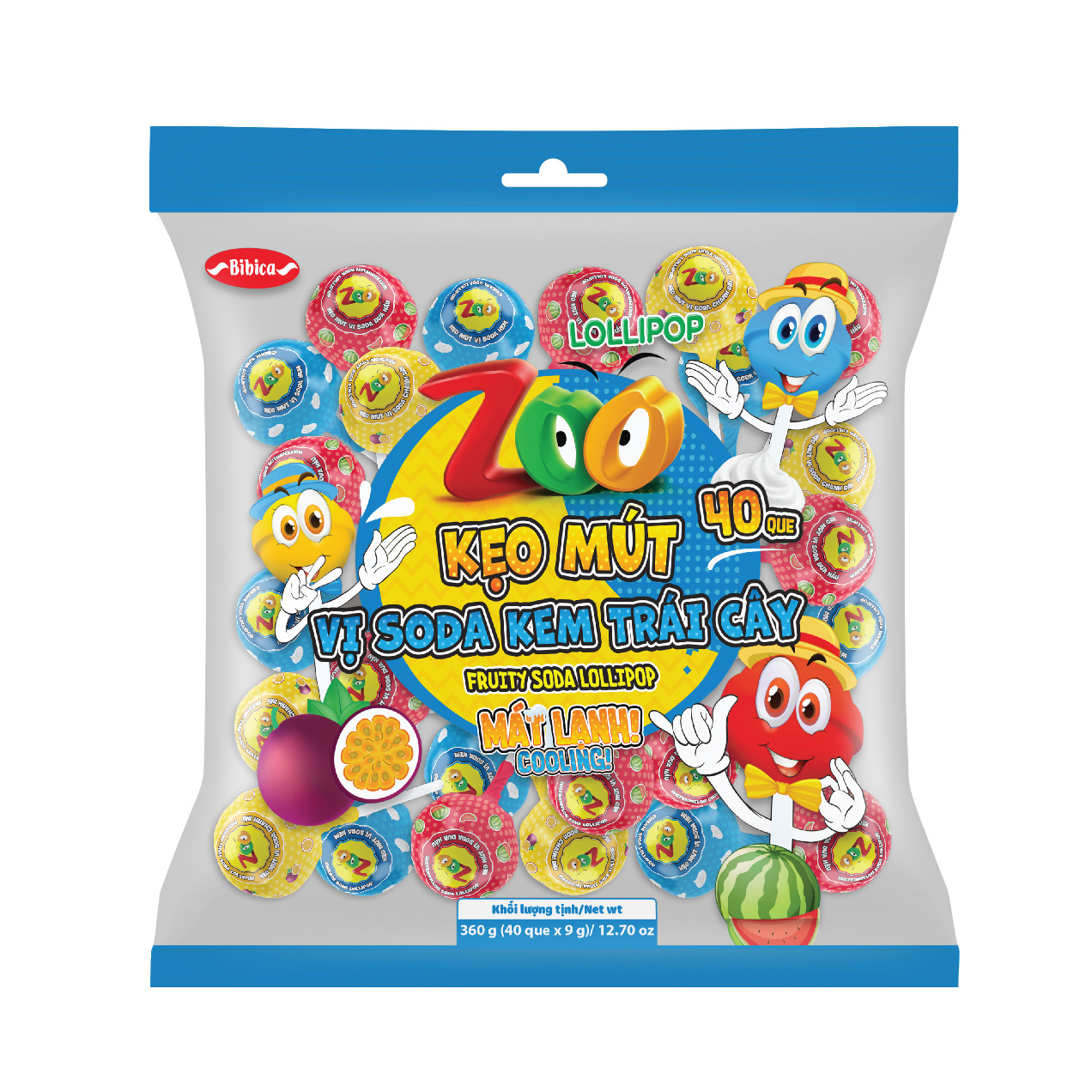 Kẹo mút Soda kem trái cây túi 360g (7,2kg)