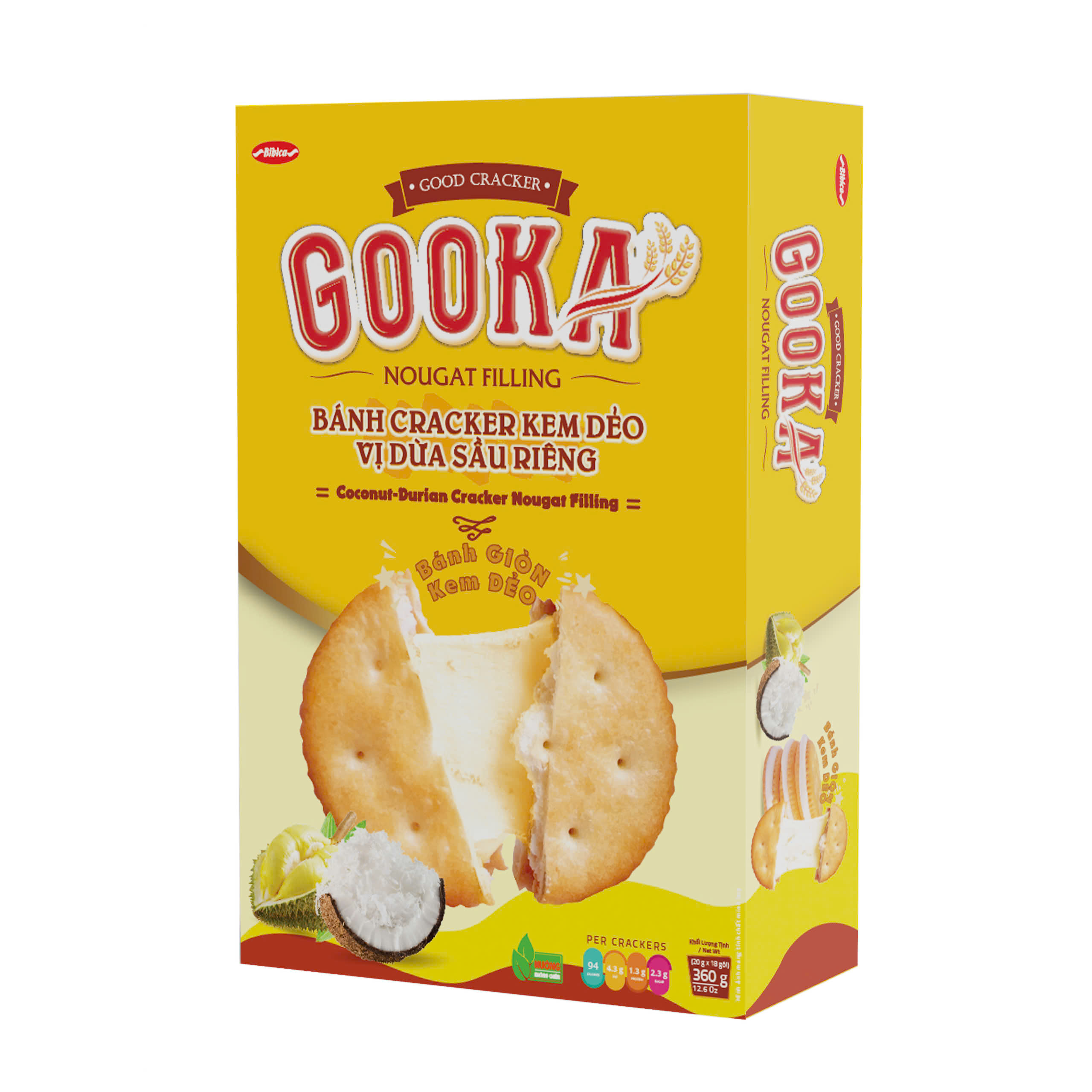 Bánh Cracker Gooka Nougat Filling Vị Dừa Sầu riêng hộp 360g