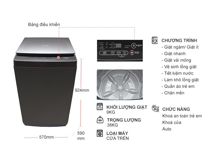 Máy giặt Sharp 9 kg ES-Y90HV-S