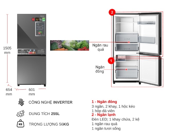 Tủ lạnh Panasonic Inverter 2 cánh 255 Lít NR-BV281BGMV Mới 100% Giá Rẻ NHất